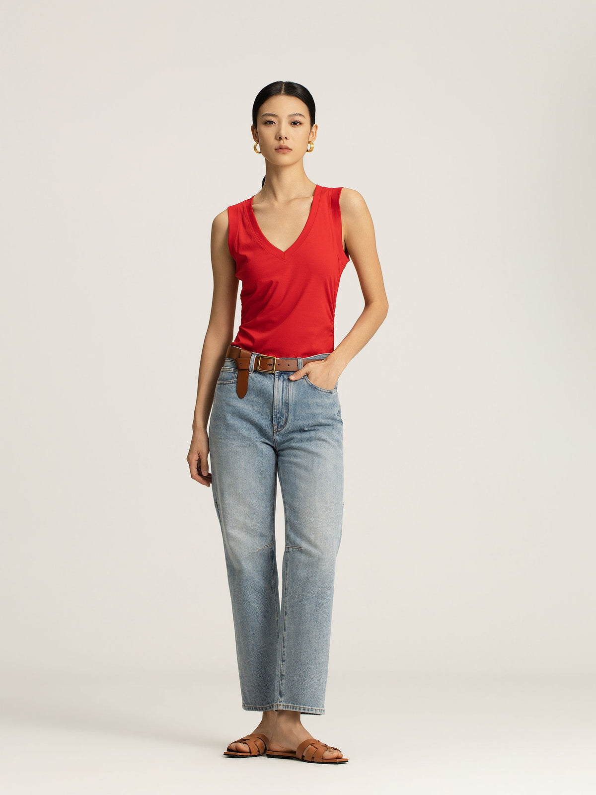 Mia Crimson Ruched Side V-Neck Sleeveless Tank