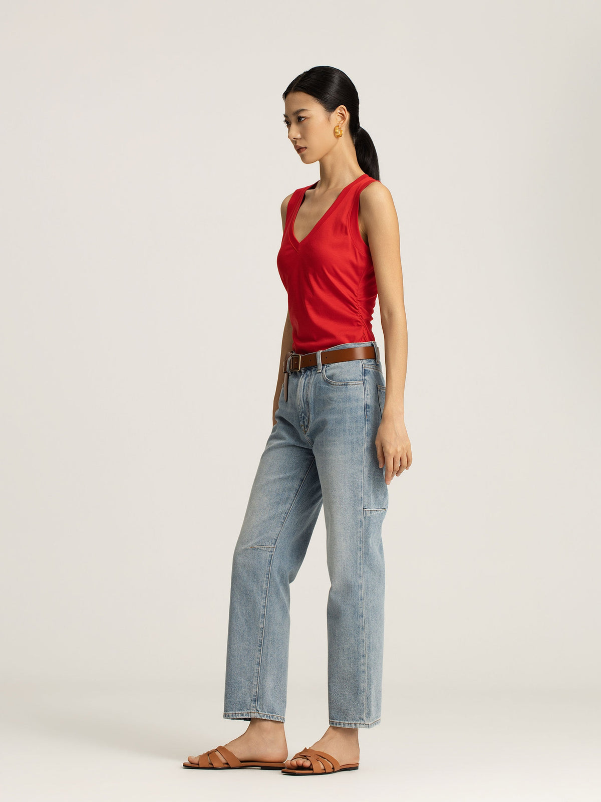 Mia Crimson Ruched Side V-Neck Sleeveless Tank